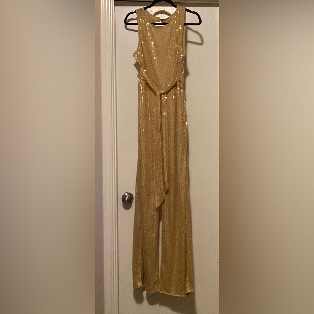 Gold belted sequin jumpsuit, size XL